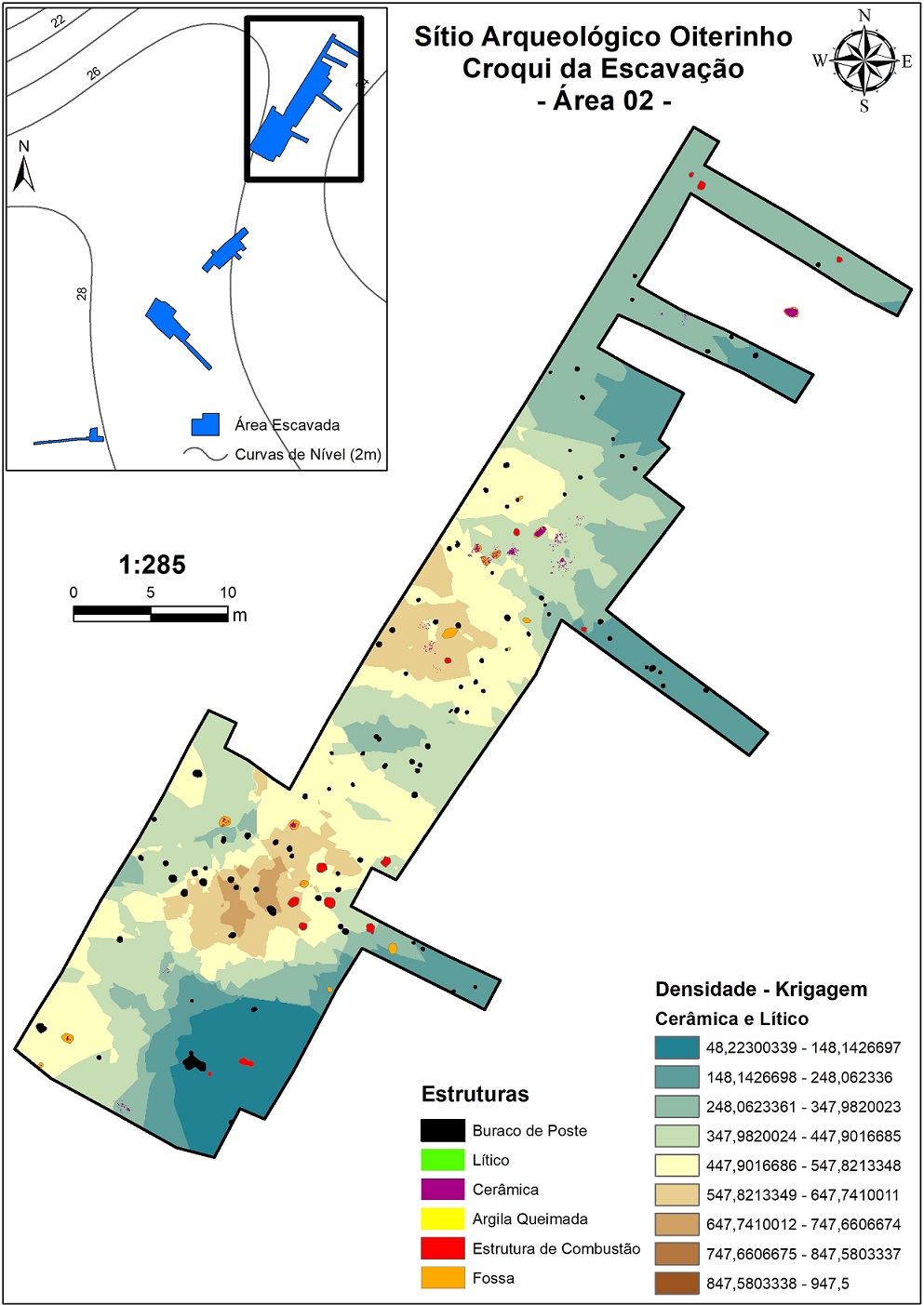 Croqui da Área 2 aberta com decapagem mecânica, mostrando a distribuição das estruturas arqueológicas